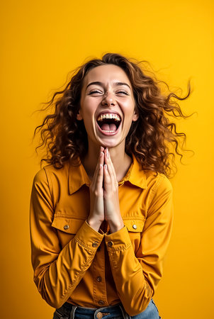 A young woman with curly hair is laughing heartily, expressing pure joy. She wears a yellow shirt and stands in front of a vibrant yellow background, creating a lively atmosphere.の素材