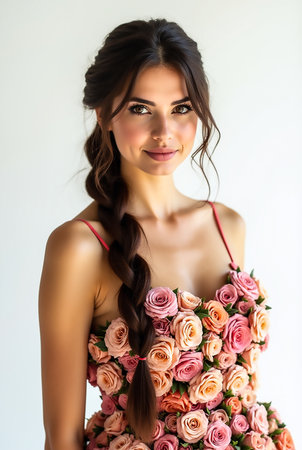 A young woman with long braided hair stands confidently, wearing a dress adorned with colorful roses. The light background enhances the floral details and her bright smile.の素材