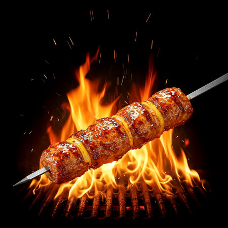 Juicy meat skewers sizzling over a roaring fire, releasing flavorful smoke. Perfect for outdoor gatherings, barbecues, and summer cookouts with friends.の素材