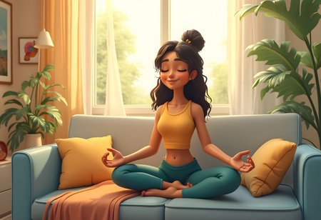 A person is practicing meditation on a sofa in a well-lit living room. The tranquil setting is adorned with plants and cushions, creating a peaceful atmosphere.の素材