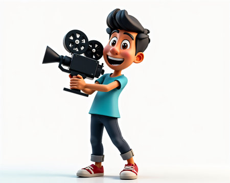 A cheerful young boy stands confidently, holding a retro film camera with a playful expression. The bright background highlights his enthusiasm for filmmaking and creativity.の素材