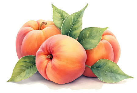 Juicy peaches with a soft orange hue are clustered together, surrounded by vibrant green leaves, creating an appealing and fresh look against a white background.の素材