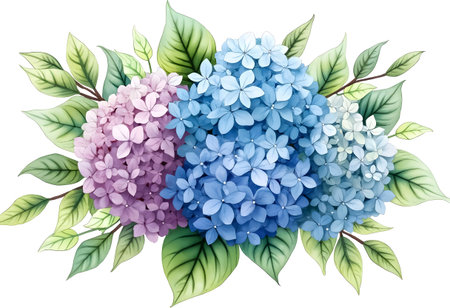 Three stunning hydrangea blossoms in varying shades of blue and purple are beautifully arranged with detailed green leaves, creating a vibrant botanical display.の素材