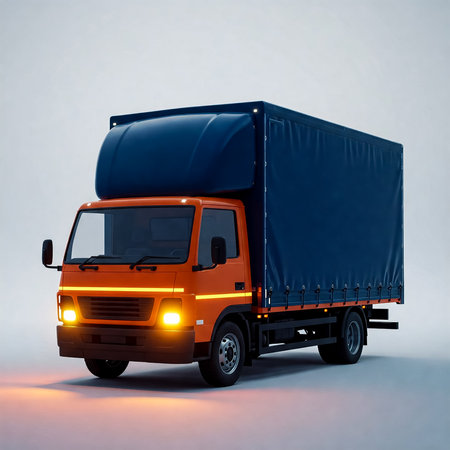 A bright orange delivery truck with a dark blue covered cargo area is parked in a studio. The lighting highlights the truck's design and features, creating a striking visual.の素材