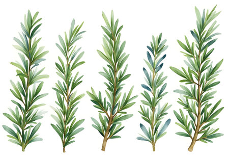 Five sprigs of fresh rosemary are laid out, showing their vibrant green leaves and distinct shapes. This arrangement emphasizes the herbの素材