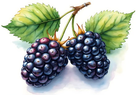 Ripe blackberries hang from a branch, surrounded by lush green leaves. The captivating colors and fine details highlight the freshness of these berries, perfect for culinary use.の素材