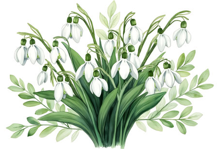 Delicate snowdrop flowers with white petals and green tips flourish in a lush garden. Their gentle beauty signifies the arrival of spring, surrounded by fresh green foliage.の素材