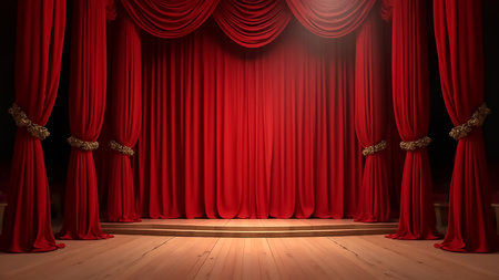 The vibrant red curtains are beautifully draped, framing an empty stage that awaits the start of a captivating performance in a grand theater setting at night.の素材