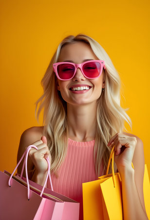A joyful woman wearing pink sunglasses holds bright shopping bags while smiling. The cheerful atmosphere is enhanced by the bold yellow background, creating a lively mood.の素材