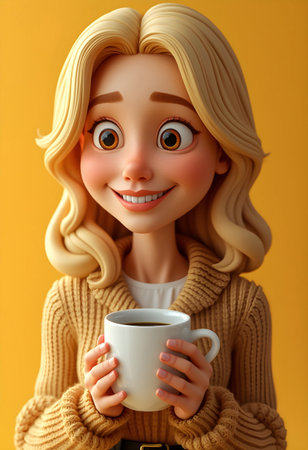 A cheerful young woman with long blonde hair holds a white coffee cup in her hands. She wears a cozy beige sweater and showcases a bright smile against a warm, yellow backdrop.の素材