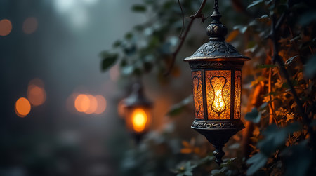 Lanterns with intricate designs cast a warm orange glow against a backdrop of soft greenery during twilight. The ambiance offers a serene and inviting atmosphere for relaxation.の素材