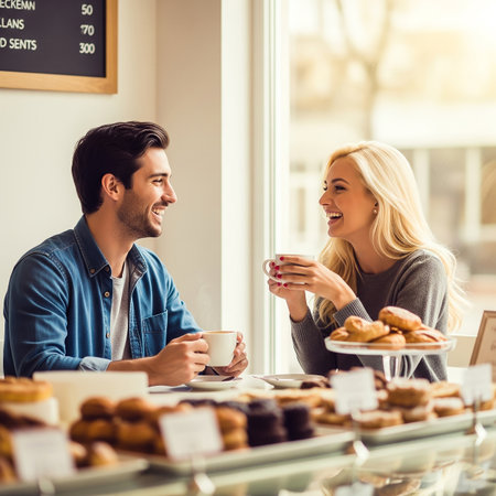 A young couple sits at a cafe table, smiling and laughing while sipping coffee. The warm sunlight fills the space, highlighting the fresh pastries in front of them.の素材