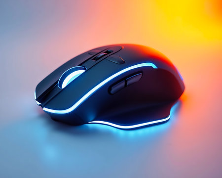 A sleek gaming mouse illuminated with colorful LED lights is featured on a smooth surface. It embodies advanced technology with ergonomic shapes and responsive buttons, perfect for gamers.の素材