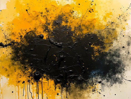 Bold black and yellow paint intermingle on canvas, forming an abstract composition with textured splatters and drips that draw the viewer's attention. The contrast emphasizes artistic spontaneity.の素材