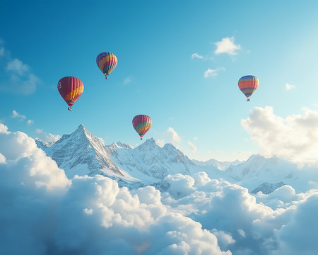 Colorful hot air balloons glide gracefully over snow-capped mountains, surrounded by soft clouds under a bright blue sky. The scene captures a serene moment in nature.の素材