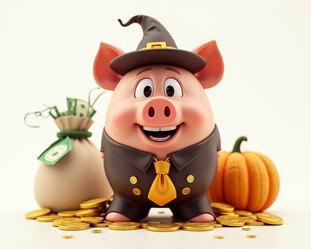A cheerful pig character dressed in a suit and wizard hat stands amidst bags of cash and shiny coins, with pumpkins adding to the festive atmosphere of a seasonal celebration.の素材