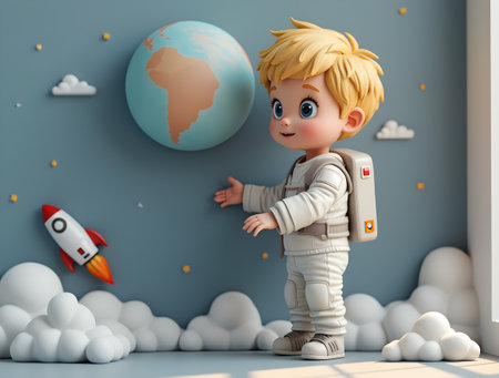 A young child in a space-themed room gestures towards a globe with excitement. The decor features colorful clouds and a small rocket nearby, creating a vibrant atmosphere for imaginative play.の素材