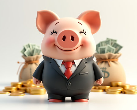 A cheerful piggy bank in a business suit stands confidently, smiling. Behind him, bags of money and scattered coins symbolize savings and financial success in a playful manner.の素材