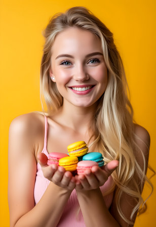 A cheerful young woman with long blonde hair holds an assortment of pastel-colored macarons, showing her happiness against a vibrant yellow backdrop.の素材