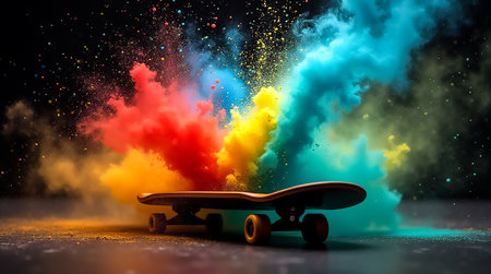 A skateboard sits centered amidst a burst of colorful powder in a creative studio. The vivid hues of red, yellow, and blue create an energetic atmosphere, showcasing artful motion.の素材