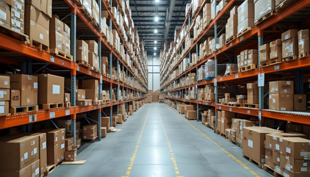 Rows of shelves in a large warehouse are packed with cardboard boxes, highlighting a busy storage area. Bright lights illuminate the organized space, creating an efficient environment for logistics.の素材