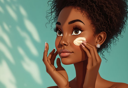 A young woman gently applies skincare cream to her face, showing her natural beauty. The warm lighting highlights her glowing complexion and textured curls in the background.の素材