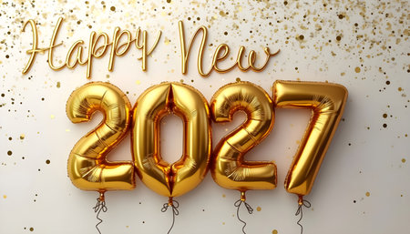 Golden balloons spell out the year 2027, surrounded by shimmering confetti. Bright decorations create a festive atmosphere for the New Year celebration, inviting joy and excitement.の素材