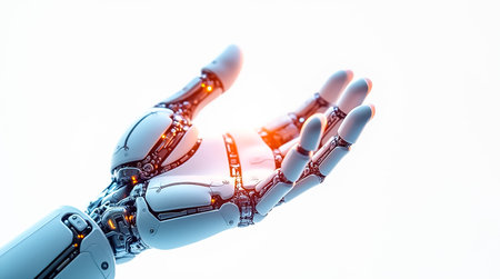 A robotic hand is extended with intricate mechanical details and glowing lights, showcasing advanced technology in a bright and minimalistic environment.の素材