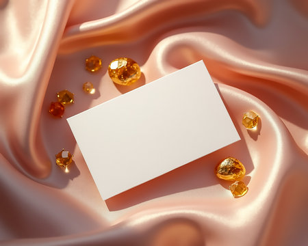 A blank card is placed on luxurious pink satin fabric, surrounded by sparkling golden gems. The setting creates a refined and elegant atmosphere suitable for invitations or announcements.の素材