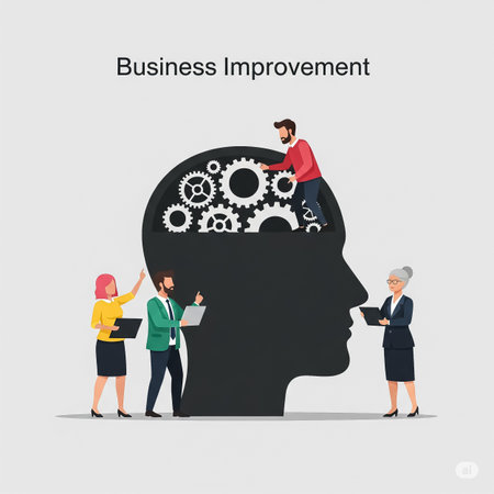 A group of four diverse professionals collaborated around a large silhouette of a head filled with gears, symbolizing creative thinking and business growth strategies.の素材