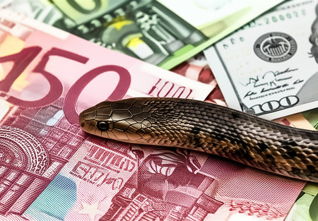 A snake is gracefully positioned atop an array of banknotes from different currencies. The setting captures an intriguing blend of natural life and financial theme, evoking curiosity.の素材