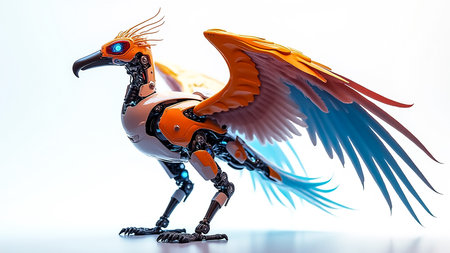 This striking robot phoenix showcases an intricate design with vibrant orange and blue feathers. It stands confidently, highlighting its advanced mechanical engineering against a bright background.の素材