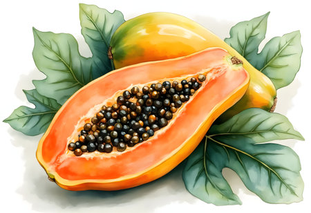 Two ripe papayas, one whole and one halved, showcase their bright orange flesh and glossy black seeds, nestled among lush green leaves, inviting a sense of tropical freshness.の素材