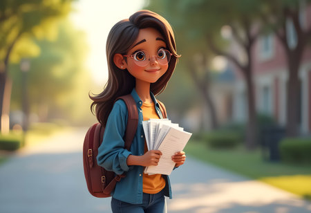 A cheerful young student with glasses stands on a sunny school path, holding several papers. She wears a blue jacket and has a backpack, with trees and buildings in the background.の素材