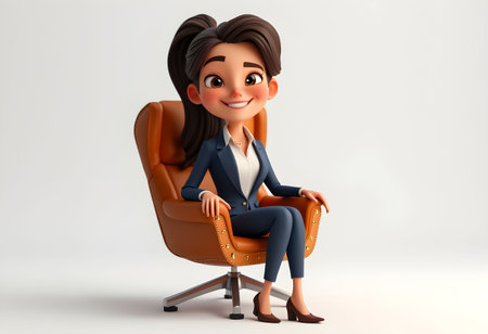 A confident businesswoman is seated in a modern chair, dressed in a professional outfit. Her cheerful expression suggests enthusiasm for the tasks ahead in her workspace.の素材