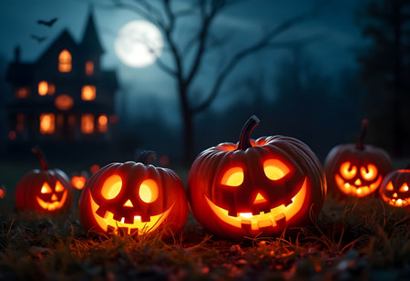 Glowing jack-o'-lanterns with cheerful faces sit on the grass during a spooky Halloween night. A haunted house looms in the background under a full moon.の素材