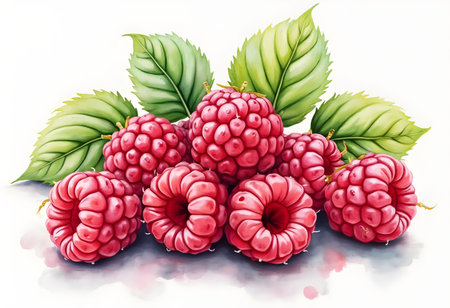 A cluster of ripe raspberries is displayed with lush green leaves, showing their vibrant red color and fresh appearance.の素材