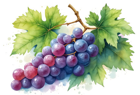Clusters of plump, ripe grapes with a mix of deep purple and red hues rest on a vine. They are surrounded by lush green leaves, embodying a warm, sunlit vineyard atmosphere.の素材