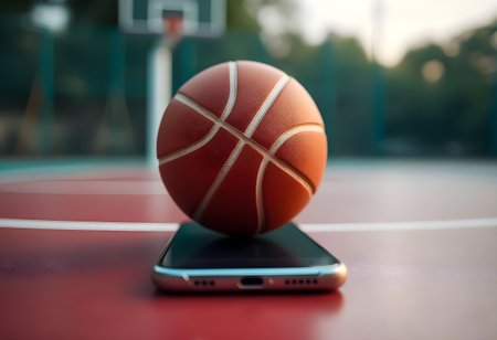 A basketball rests precariously on top of a smartphone placed on a red court surface. The scene captures a unique moment of sport and technology under soft afternoon light.の素材
