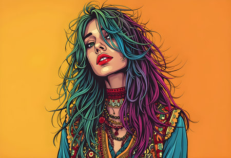 A woman showcases her radiant, multi-colored hair and striking bohemian outfit. The vivid orange backdrop enhances its bold features and unique style, creating an eye-catching composition.の素材