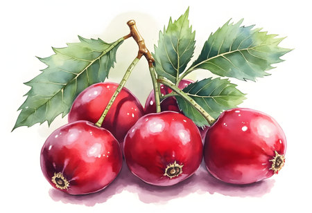 Plump red berries rest beside lush green leaves, highlighting the freshness of the harvest. The smooth, shiny surface captures light, emphasizing their appetizing appearance.の素材