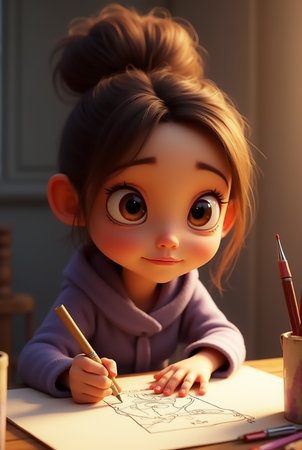 A young girl sits at a wooden table, focused on drawing. She uses a pencil to create art, surrounded by colored pencils in a warm, inviting room filled with natural light.の素材