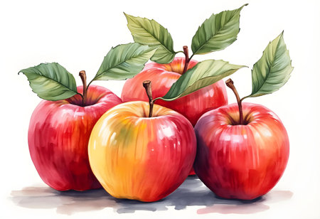 A collection of ripe red apples with glossy skin and vibrant green leaves, showing their natural beauty and freshness on a soft, faded backdrop.の素材