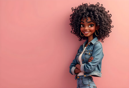 A confident young woman with curly hair stands with her arms crossed against a smooth pink wall, exuding a vibrant and cheerful energy. Her casual denim outfit adds to her stylish appearance.の素材