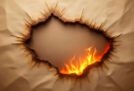 Flames flicker through a large tear in textured wall material, creating a strong contrast with the surrounding brown surface and adding a dramatic effect to the scene.の素材