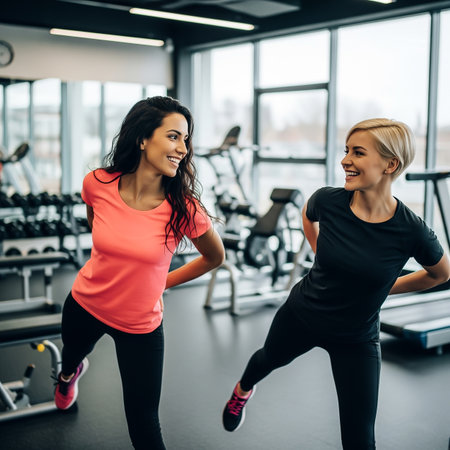 Two women are engaging in a fun workout session in a well-lit gym. They are smiling at each other while doing leg exercises, showing friendship and fitness.の素材