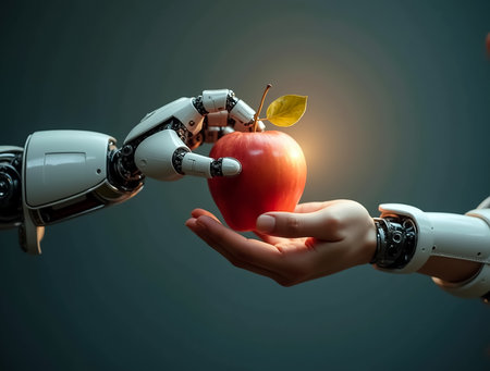 A robotic hand gently reaches towards a bright red apple held by a human hand, creating a striking contrast in a dimly lit environment. The scene captures a blend of technology and nature.の素材
