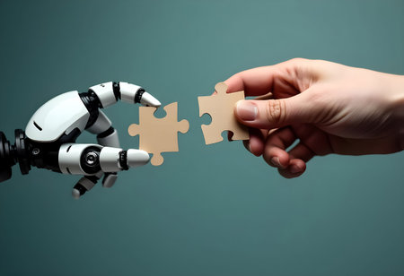 A robot hand reaches out to meet a human hand, both holding puzzle pieces. This moment highlights the partnership between artificial intelligence and human creativity.の素材