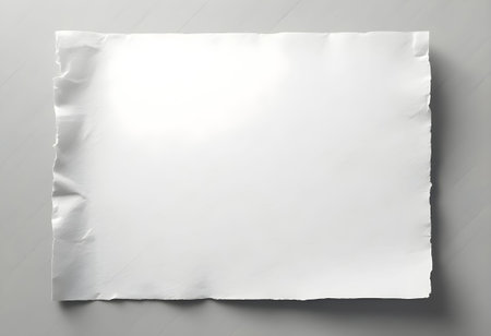 A piece of crumpled white paper sits on a gray surface, featuring rough edges and an empty canvas, ideal for creativity, note-taking, or artistic expression.の素材