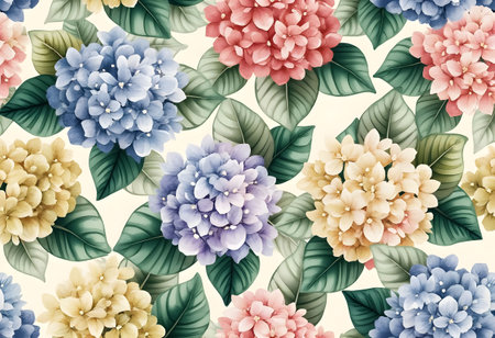 This vibrant pattern showcases lush hydrangea flowers in various colors including blue, pink, and yellow, surrounded by green leaves on a light backdrop, evoking a fresh and cheerful atmosphere.の素材